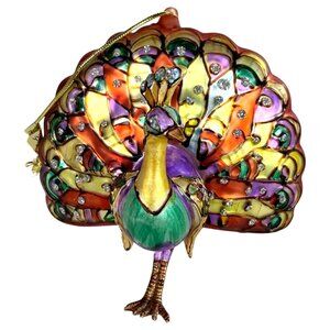 Colorful Multicolor Peacock Christmas Ornament Glitter Jewel Hand Blown Glass